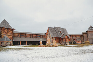 The inner courtyard of the wooden fortress with a New Year's installation