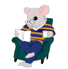 Cartoon mouse dressed up with a mug of coffee, graphic drawing. Print on clothes, for children a picture for a children`s room, kindergarten.