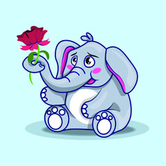 Elephant with flower. Cute cartoon elephant. Flat vector illustration. 