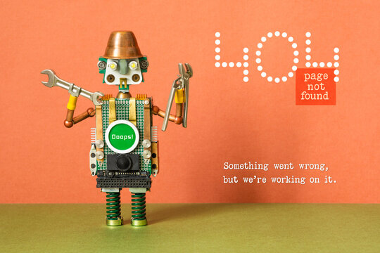 404 error page not found. Serviceman robot with hand wrench and pliers on red green background. Text message Something went wrong but we are working on it.