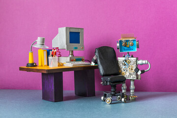 A mechanical robot secretary manager stands next to a stylish leather chair. Retro office interior...
