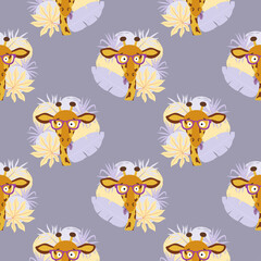 Seamless pattern with funny giraffe and tropical leaves. Childish print
