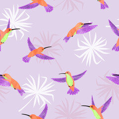 Hummingbirds pattern. Seamless tropic background with watercolor birds.