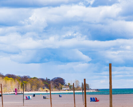 Empty beach volley basll courts on a spring day at Toronto's Ashbridges Bay, spring 2021.