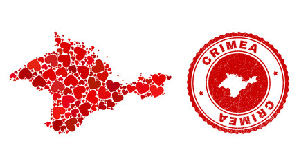 Mosaic Crimea map designed with red love hearts, and rubber seal. Vector lovely round red rubber stamp imitation with Crimea map inside.