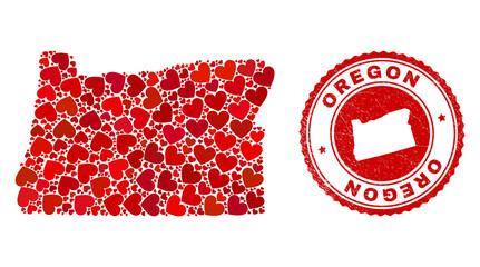 Collage Oregon State map formed with red love hearts, and grunge seal. Vector lovely round red rubber seal imitation with Oregon State map inside.