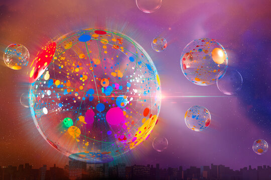 Digitally generated image abstract multicolor bubble over cityscape