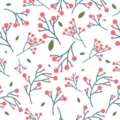 Twigs and pink cherries and green leaves pattern isolated on white background, Modern stylish abstract texture, Vector EPS 10