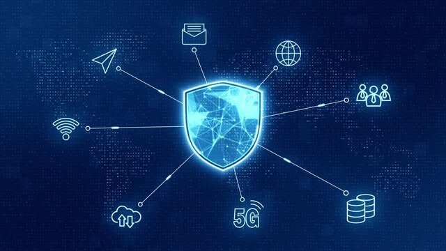 Motion graphic of Blue security shield with icon connection and data transfer futuristic technology abstract background network security concept