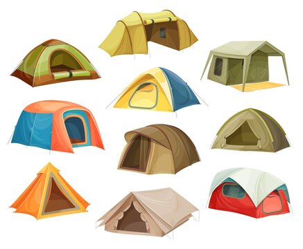 Tents Camp Icons House Campsite Dome Travel Tourism Isometric 3D Flat Isolated