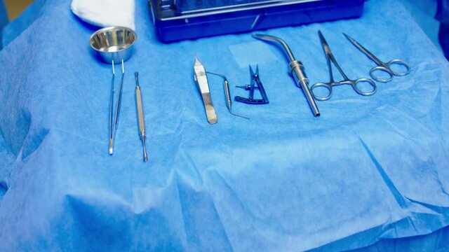 Closeup details of medical instruments before to start a surgical operation. 4k