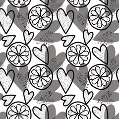Vector seamless pattern with cartoon hearts in  Scandinavian style for fabrics, paper, textile, gift wrap isolated on black ana white background
