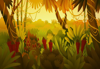 Tropical Jungle Dark Background, Forest, Rainforest, Plant. cartoon illustration of background morning jungle. Hand drawn branches and leaves of tropical plants. Color style
