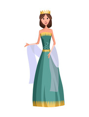 Isolated medieval princess character with royal clothes on white background. Fairy tale. Fantastic kingdom character. Monarch cute clip art