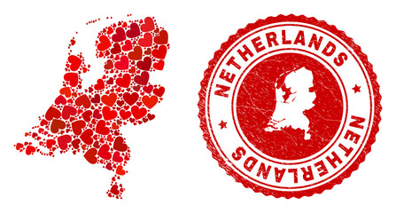 Collage Netherlands map composed with red love hearts, and textured seal stamp. Vector lovely round red rubber seal stamp imprint with Netherlands map inside.