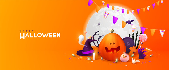 Obraz na płótnie Canvas Happy Halloween background, Minimal 3d vector illustration, graphic banner, cute design. Trendy Halloween poster: pumpkin, ghost, spider, cobweb, etc.