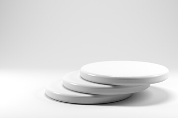 Shiny and glossy white round pedestal podium isolated on white background. 3D render. Abstract high quality pedestal. Podium can be add on banners, flyers, social media ads.
