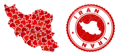 Collage Iran map designed with red love hearts, and scratched seal stamp. Vector lovely round red rubber seal stamp imprint with Iran map inside.