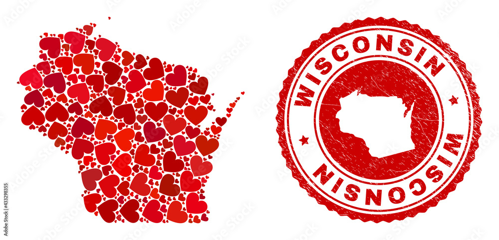 Poster Collage Wisconsin State map created with red love hearts, and grunge seal stamp. Vector lovely round red rubber seal stamp imprint with Wisconsin State map inside.