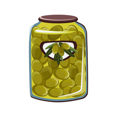 Green olives in glass jar flat illustration. Isolated Tinned goods for advertising placard or banner. Premium quality organic canned olives. Natural design element