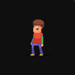 Pixel art happy white guy in casual outfit standing relaxed on dark background - 433298339