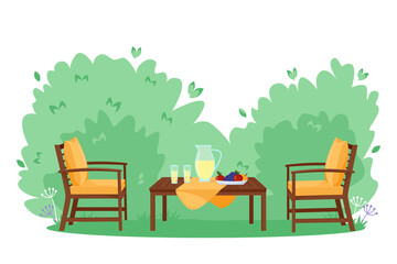 Fototapeta premium Patio area flat vector illustration. House backyard with green grass lawn and bushes. Cartoon table and chairs garden modern furniture. Outdoor furnished yard for BBQ summer parties