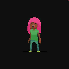 Pixel art attractive african american girl with long pink hairs isolated on dark background - 433298390