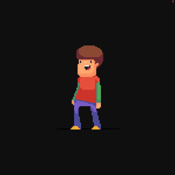 Pixel art happy white guy in casual outfit standing relaxed on dark background