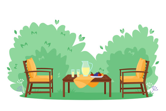 Patio area flat vector illustration. House backyard with green grass lawn and bushes. Cartoon table and chairs garden modern furniture. Outdoor furnished yard for BBQ summer parties