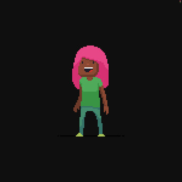 Pixel art attractive african american girl with long pink hairs isolated on dark background