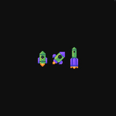 Three pixel art rockets of different shape isolated on dark background