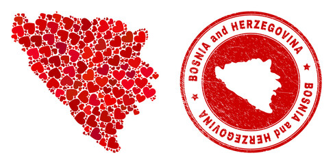 Mosaic Bosnia and Herzegovina map designed with red love hearts, and unclean seal. Vector lovely round red rubber seal imprint with Bosnia and Herzegovina map inside.