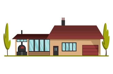 Modern country home for booking and living. House exterior illustration front view with roof. Home facade with door and windows. Modern town house cottage. Real estate building icon