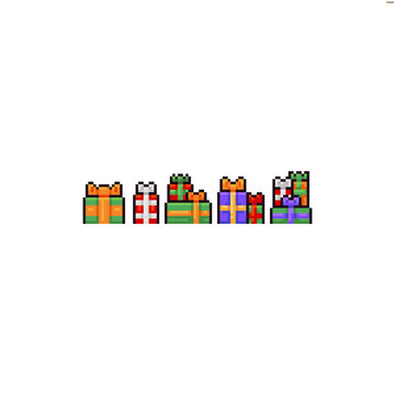 Set of different pixel art gifts isolated on white background