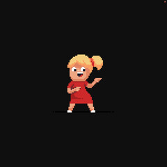 Pixel art blonde girl in red dress pointing on something with her fingers