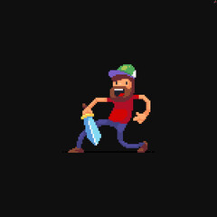 Pixel art bearded male character in casual outfit with blue sword