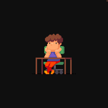 Pixel art sad melancholic character sitting behind table with head on his head