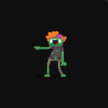 Pixel art laughing zombie with ginger hair and brain showing up pointing on something at the side