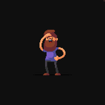 Pixel art male bearded character with his hand at forehead looking far away