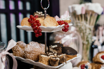 shelf with various types of cakes and cookies decorated with red currants