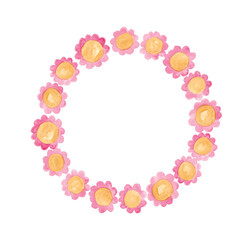 Pink and yellow watercolor painting circle of flowers, hand drawn blossom wreath isolated on white background