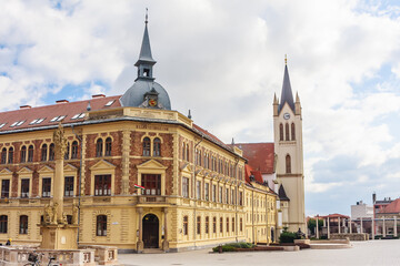 Trinity Column and high school in Main Square, Keszthely, Lake Balaton, Hungary, Europe - obrazy, fototapety, plakaty