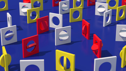 White, red, yellow square shapes. Blue background. Abstract illustration, 3d render.