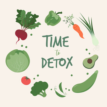 Vector image of different vegetables on a light background: zucchini, lettuce, cabbage, broccoli, peas. Caption: Detox time. Poster or cover. Cartoon flat illustration.