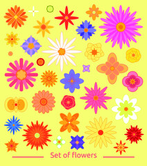 Fototapeta na wymiar Set of flat spring floral icons in silhouette. Cute retro illustrations in vibrant colors for stickers, labels, tags, scrapbooking.