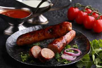 Fried sausages with sauce and ketchup, fresh tomatoes, herbs and onions on a black plate on a black table. Grilled meat, barbecue, rustic. Background image, copy space