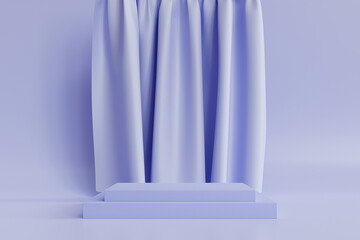 Square shaped podium or pedestal for products or advertising on neutral blue background with curtains, minimal 3d illustration render