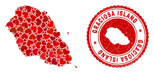 Collage Graciosa Island map composed with red love hearts, and rubber badge. Vector lovely round red rubber badge imprint with Graciosa Island map inside.
