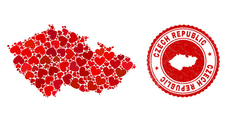 Collage Czech Republic map created with red love hearts, and scratched stamp. Vector lovely round red rubber seal stamp imitation with Czech Republic map inside.