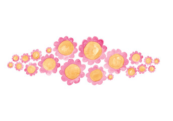 Pink with yellow flowers for headers and footers, watercolor painting isolated on white background